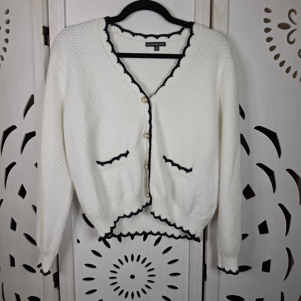 Adrianna Papell Button Down Knit Cardigan Quiet Luxury White & Black Size Medium